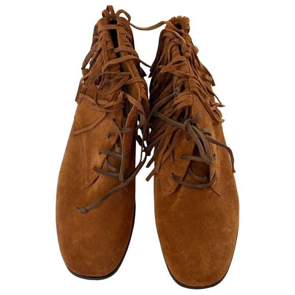NewbarK Jamie Mocha Split Suede Fringe Lace-Up Ankle Bootie Women’s Size 8.5 - Picture 4 of 6